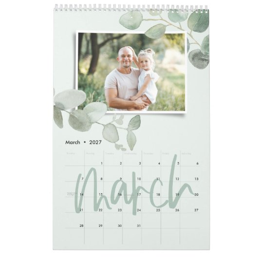Modern minimaal eucalyptusfotoscript voor waterver kalender (Mar 2027)