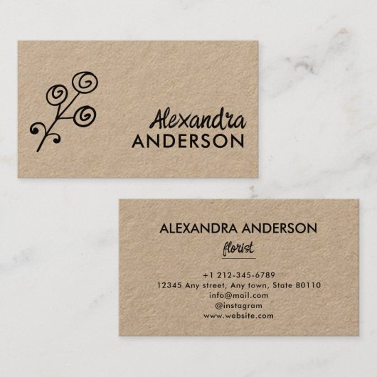 Modern Minimaal Floral Kraft Script Visitekaartje (Voorkant / Achterkant)