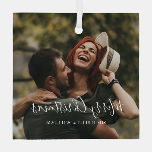 Modern Minimaal Foto Kerstscript Glas Ornament (Achterkant)