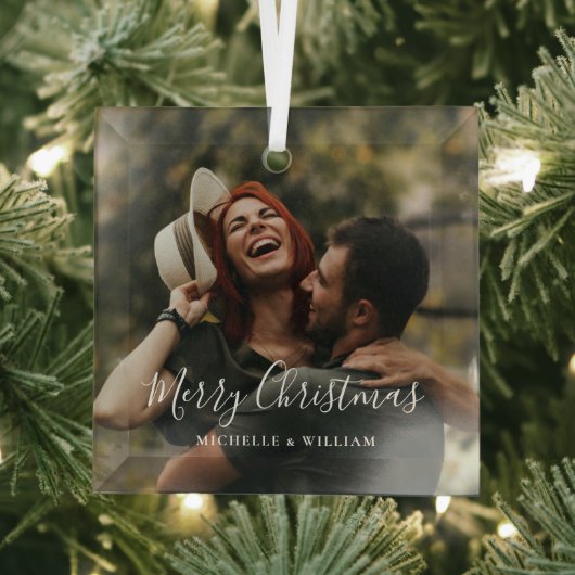 Modern Minimaal Foto Kerstscript Glas Ornament (Insitu)