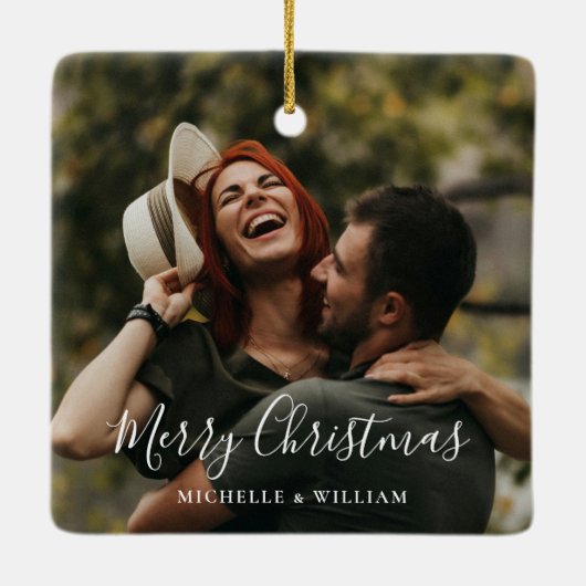 Modern Minimaal Foto Kerstscript Keramisch Ornament (Achterkant)