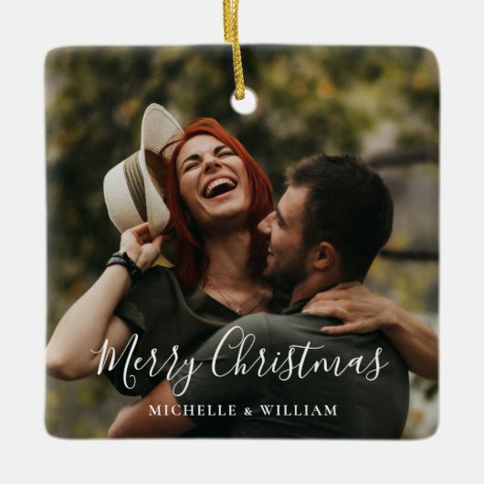 Modern Minimaal Foto Kerstscript Keramisch Ornament (Voorkant)