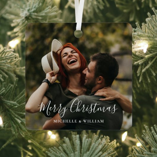 Modern Minimaal Foto Kerstscript Metalen Ornament (Insitu)