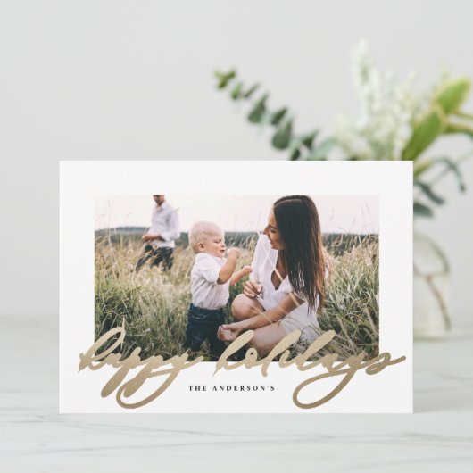 Modern minimaal fotoreitelegant script feestdagenkaart (Staand voorkant)