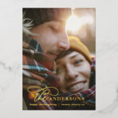 Modern minimaal fototartan moustard elegant script folie feestdagenkaart (Voorkant)