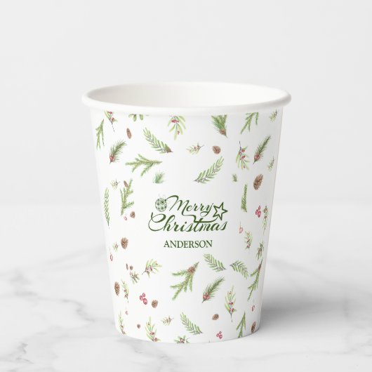 Modern minimaal gebladerte Elegant script kerst Papieren Bekers (Achterkant)