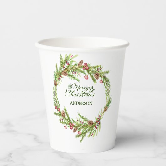 Modern minimaal gebladerte Elegant script kerst Papieren Bekers (Voorkant)