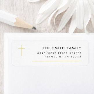 Modern minimaal Gold Cross Baptism Return Address Etiket