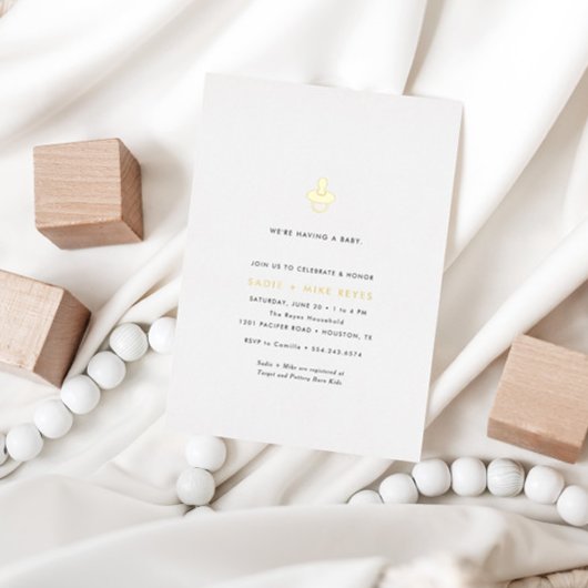Modern minimaal goud fopspeen neutraal Baby shower Folie Uitnodiging