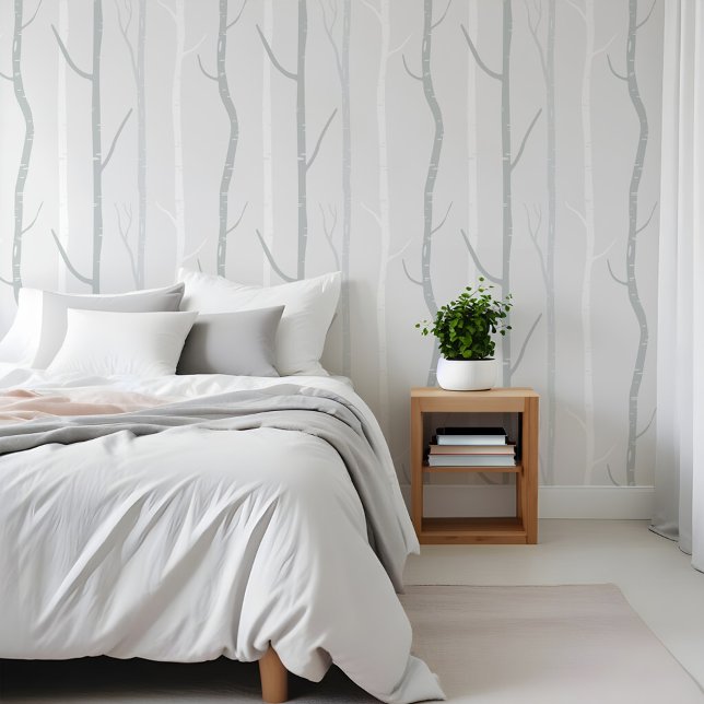Modern minimaal grijs & wit berkenboombos behang (Modern Minimal Grey & White Birch Tree Forest Wallpaper)