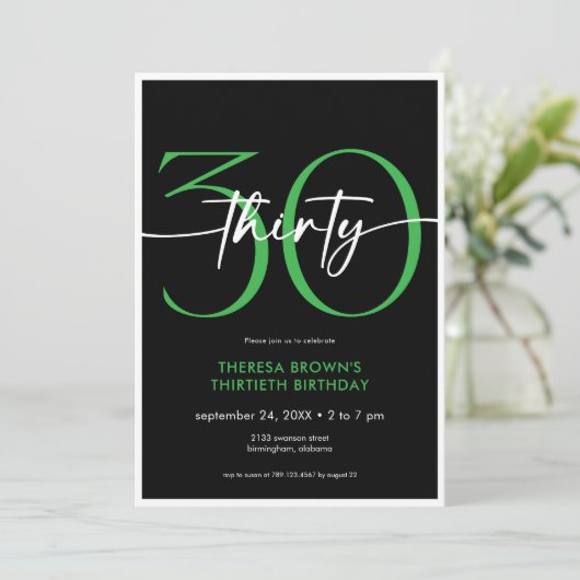 Modern Minimaal Groen 30 Script Verjaardag Kaart (Staand voorkant)