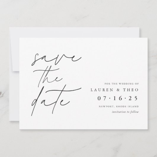 Modern minimaal handgeschakeld script save the date (Voorkant)