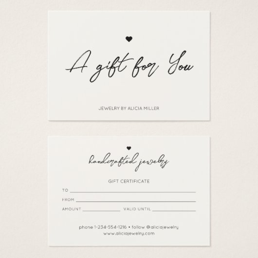 Modern Minimaal Hart Zakelijk Cadeaubon Visitekaartje (Voorkant /achterkant)