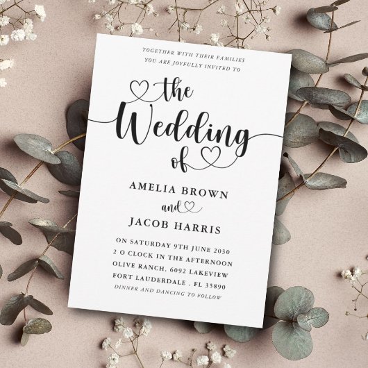 Modern Minimaal Hart Zwart & Wit Bruiloft Kaart