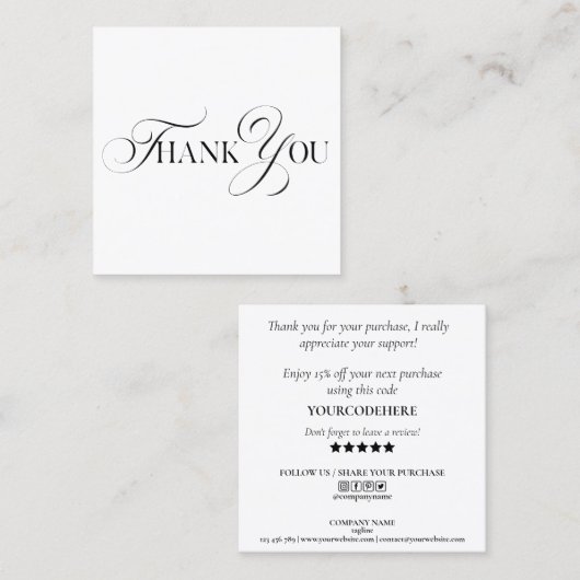 modern minimaal manuscript dank u voor uw orde vierkante visitekaartje (Voorkant / Achterkant)