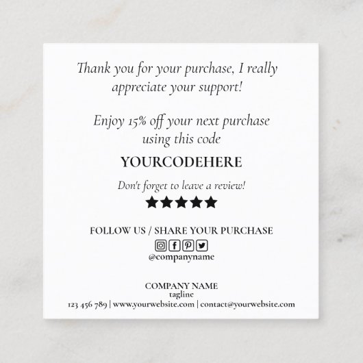 modern minimaal manuscript dank u voor uw orde vierkante visitekaartje (Achterkant)