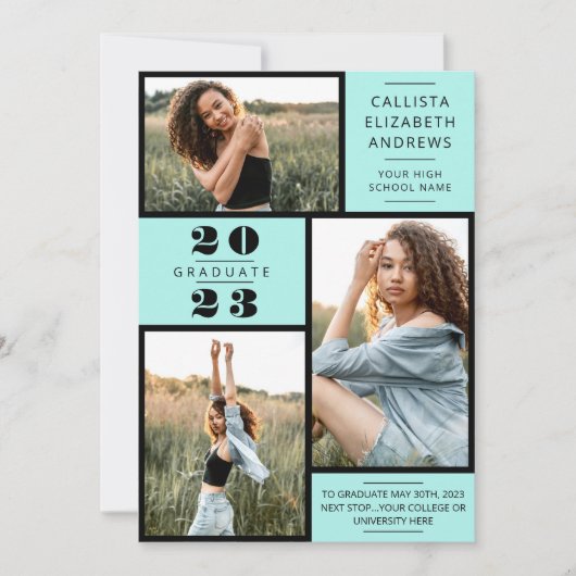 Modern Minimaal Mint Zwart Foto Raster Afstuderen Aankondiging (Voorkant)
