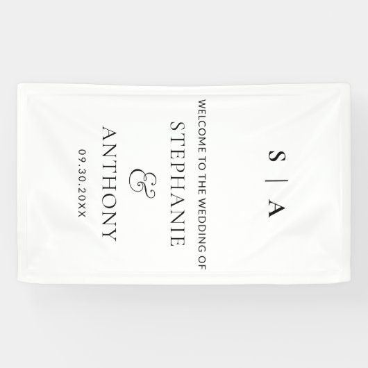 Modern Minimaal Monogram Zwart Wit Trouwen Spandoek (Horizontaal)