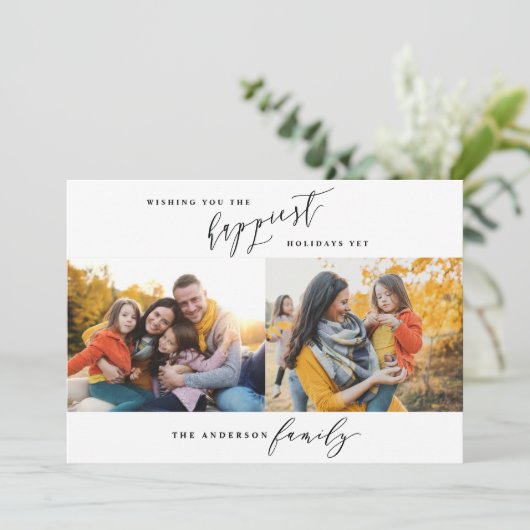 Modern minimaal multi-foto kerstscript feestdagenkaart (Staand voorkant)