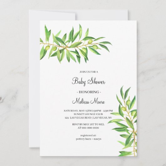 Modern minimaal olijftak baby shower kaart (Voorkant)