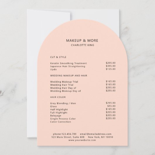 Modern, Minimaal, Perzik, Salon prijslijst Kaart (Voorkant)