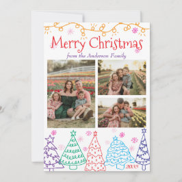 Modern Minimaal Plezierige 3 Foto Doodle Kerstmis Feestdagenkaart