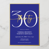 Modern Minimaal Royal Blue 30 Script Verjaardag Folie Uitnodiging (Voorkant)