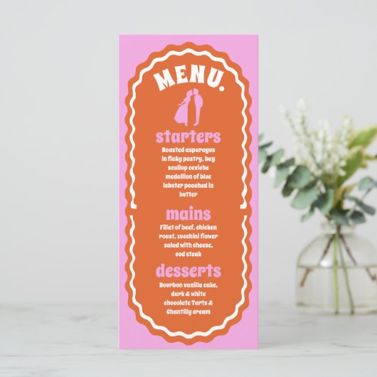 Modern Minimaal Roze & Oranje Retro Wavy Arch Menu (Staand voorkant)