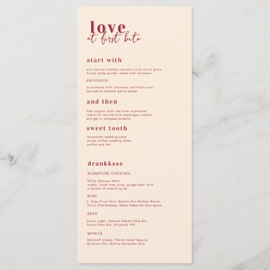 Modern minimaal | Roze & Rode bruiloft Menu (Voorkant)