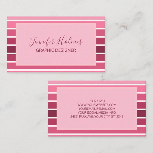 Modern Minimaal Roze Wit Strepen Visitekaartje (Voorkant / Achterkant)
