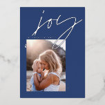 modern minimaal script 1 foto blauw elegant folie feestdagenkaart<br><div class="desc">Moderne,  minimale script royal blue joy 1 fotovakantiekaart. Elegant vormgeving van goudfolie,  zilver en roos.</div>