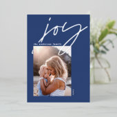 modern minimaal script 1 foto blauw elegant folie feestdagenkaart (Staand Voorkant)