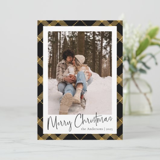 Modern minimaal script | Gouden geplakte kerstfoto Feestdagenkaart (Staand voorkant)
