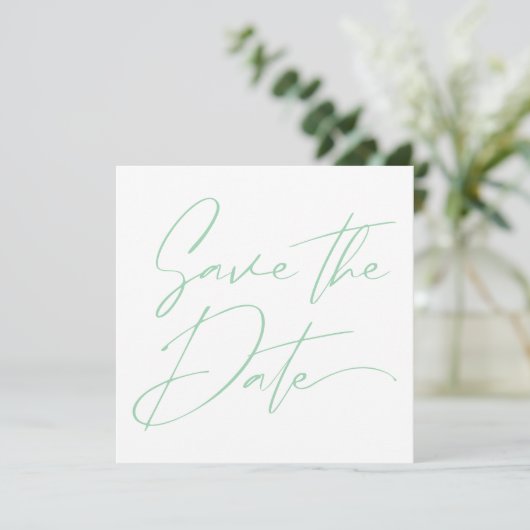 Modern Minimaal Script Kalligrafie Mint Groen Save The Date (Staand voorkant)