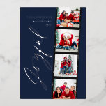 Modern minimaal script multi-photokerstblauw folie feestdagenkaart<br><div class="desc">Moderne,  minimale script,  multi-foto kerstmarinesblauwe retro design. Elegant,  echt goud,  zilver en roos gouden folie.</div>