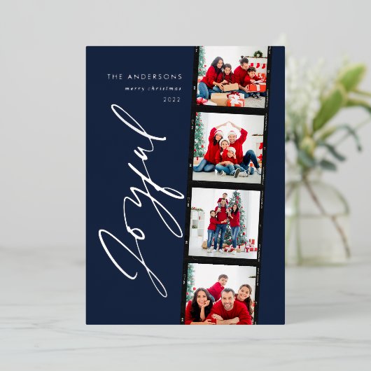 Modern minimaal script multi-photokerstblauw folie feestdagenkaart (Staand Voorkant)