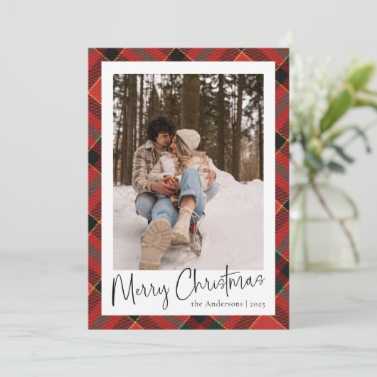 Modern minimaal script | Rode groene kerstfoto Feestdagenkaart (Staand voorkant)