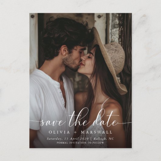 Modern Minimaal Script Twee foto Eenvoudige bruilo Aankondigingskaart (Voorkant)