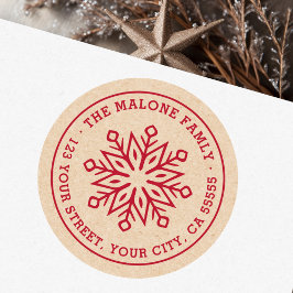 Modern minimaal sneeuwvlok rood Kraft retouradres Ronde Sticker