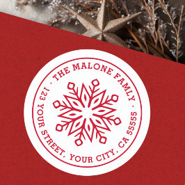 Modern minimaal sneeuwvlok rood retouradres ronde sticker
