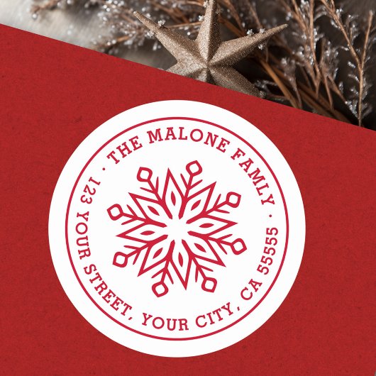 Modern minimaal sneeuwvlok rood retouradres ronde sticker