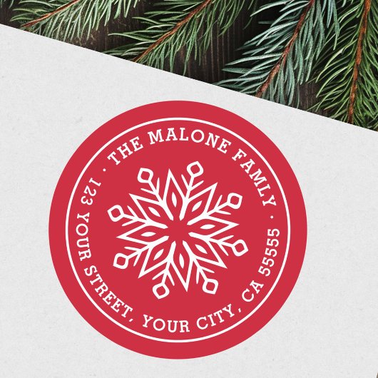 Modern minimaal sneeuwvlok rood retouradres ronde sticker