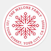 Modern minimaal sneeuwvlok rood retouradres ronde sticker (Voorkant)