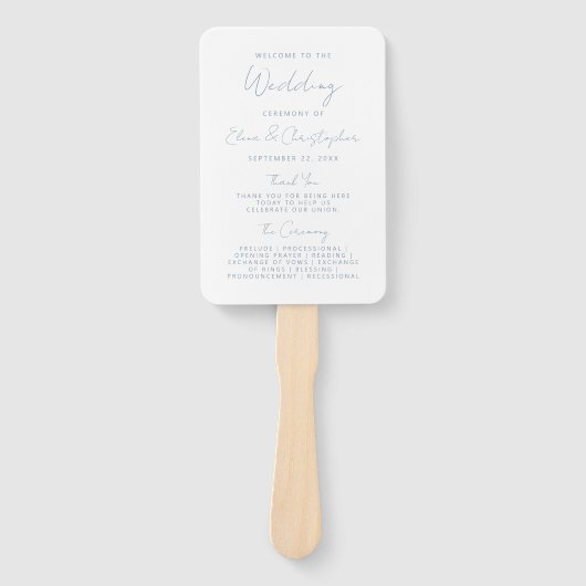 Modern Minimaal Stofblauw Script Huwelijksprogramm Handwaaier (Voorkant)
