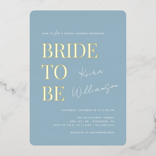 Modern minimaal | Stoffig blauw en goud Vrijgezell Folie Uitnodiging (Voorkant)