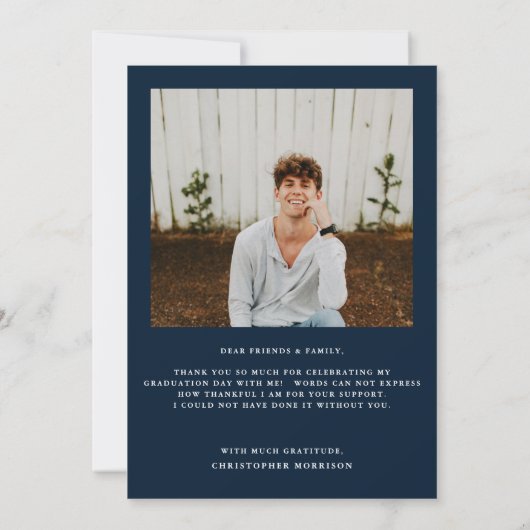 Modern Minimaal Twee Foto Navy Afstuderen Bedankkaart (Achterkant)