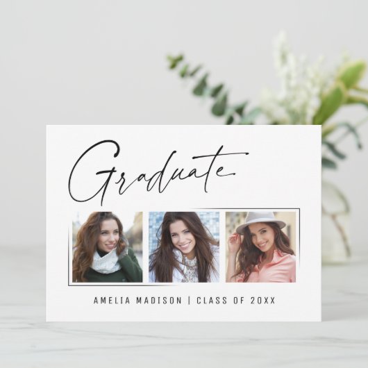 Modern minimaal uniek inktscript Afstuderen 3 foto Aankondiging (Staand voorkant)