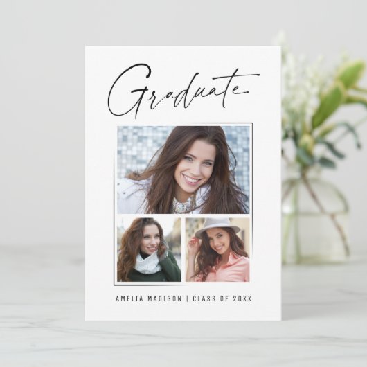 Modern minimaal uniek inktscript Afstuderen 3 foto Aankondiging (Staand voorkant)