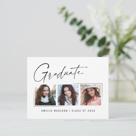 Modern minimaal uniek inktscript Afstuderen 3 foto Briefkaart (Staand voorkant)