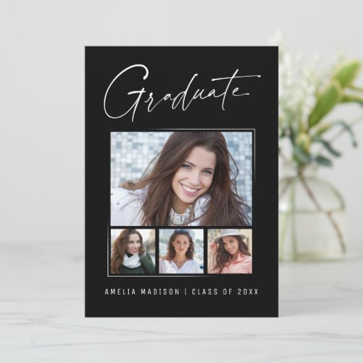 Modern minimaal uniek inktscript Afstuderen 4 foto Aankondiging (Staand voorkant)